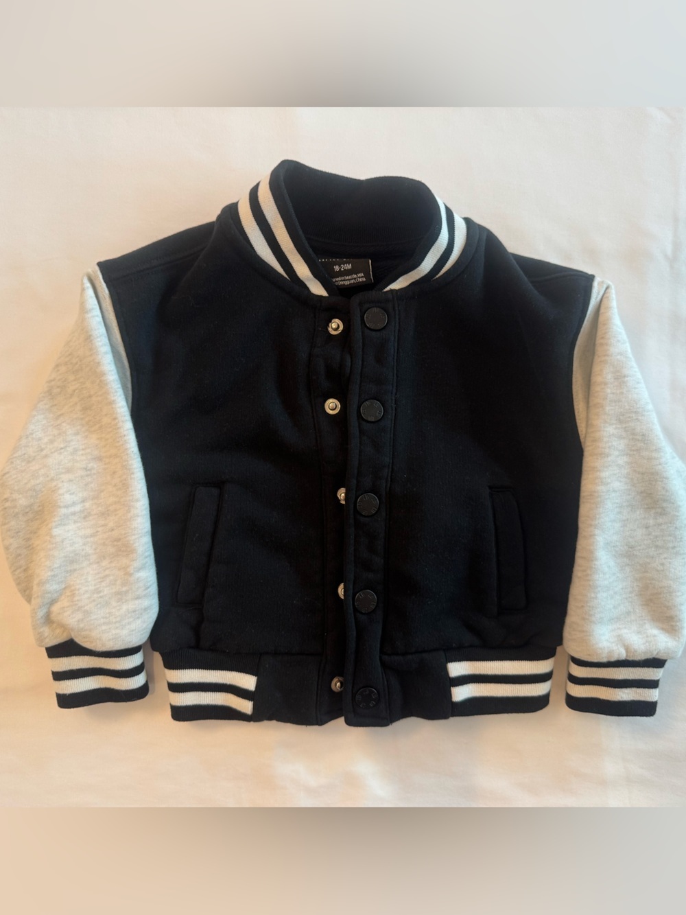 Little Bitsy Varsity Bomber Jacket Black Gray Snap Front Size 18-24M